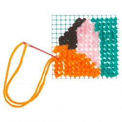 Detail showing Alex Needlepoint Fox Kit in progress using plastic needle and yarn