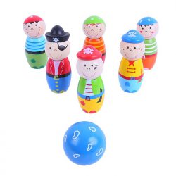 Children's miniature wooden pirate skittles game with 6 colourful pins and ball
