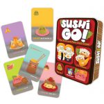 Cards and storage tin from the Gamewright Sushi Go Card Game in a Tin