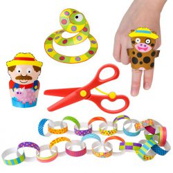 Some completed paper craft projects and children safety scissors from the Alex Ready, Set, Cut! Craft Kit