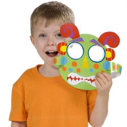 Child holding completed alien mask made with the Alex Ready, Set, Cut! Craft Kit