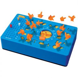 Pop up shape game against the clock with wind up mechanism and storage compartment