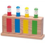 Galt wooden Pop Up Toy with 4 colourful people that jump when pressed by baby