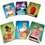 Rainbow Queen, Moon Queen, Ladybug Queen, Cookie King, Tie-dye King, Bubble Gum King, all examples of the cards from Gamewright Sleeping Queens Card Game