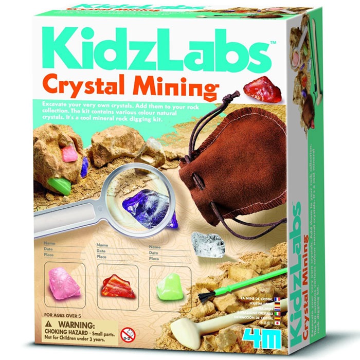 Dig out 9 shiny gemstones from the plaster block and display them in the case included