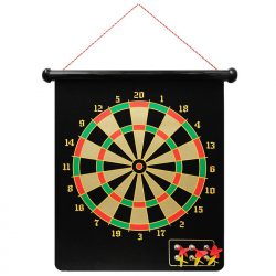 Roll up magnetic dart board for children with 6 darts and string to hang