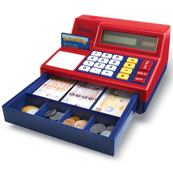 Children's pretend and play till toy with working calculator and realistic play money