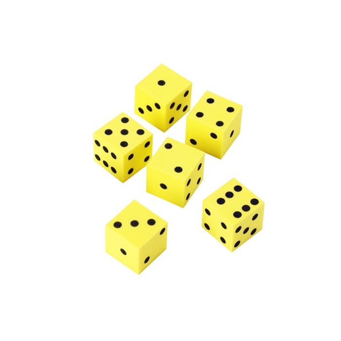 Set of 6 yellow foam dot dice for quiet play in the home or classroom
