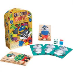 Young children's colour and pattern matching game with 4 raccoons to dress