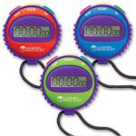 Three different colours, red, blue and green stopwatches