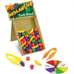 Children's tweezer game for fine motor skills with 40 pieces of coloured fruit to pick