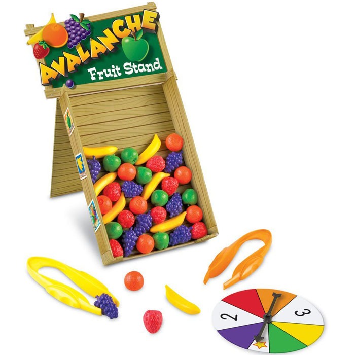 Children's tweezer game for fine motor skills with 40 pieces of coloured fruit to pick