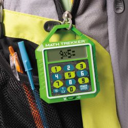 Learning Resources Multiplication Math Trekker clipped on to the front of a child's backpack