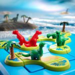 Completed puzzle on tropical island background of the Smart Games Dinosaurs Mystic Islands Logic Puzzle