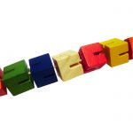 Detail showing how pieces are attached on the Tobar Twist and Lock Blocks Wooden Fiddle Toy
