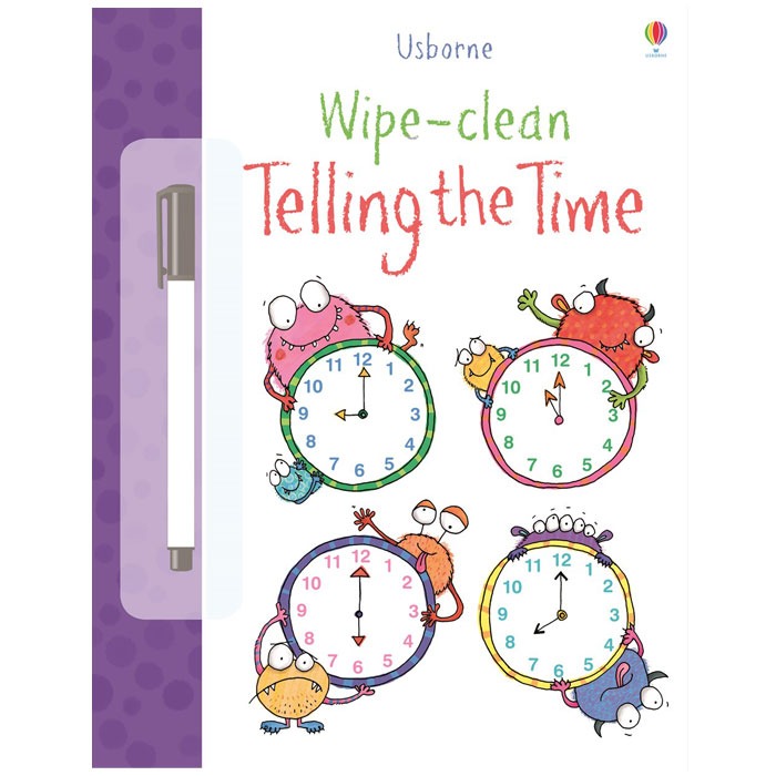 Tell the time activity book for children with dry erase pen and 20 reusable pages