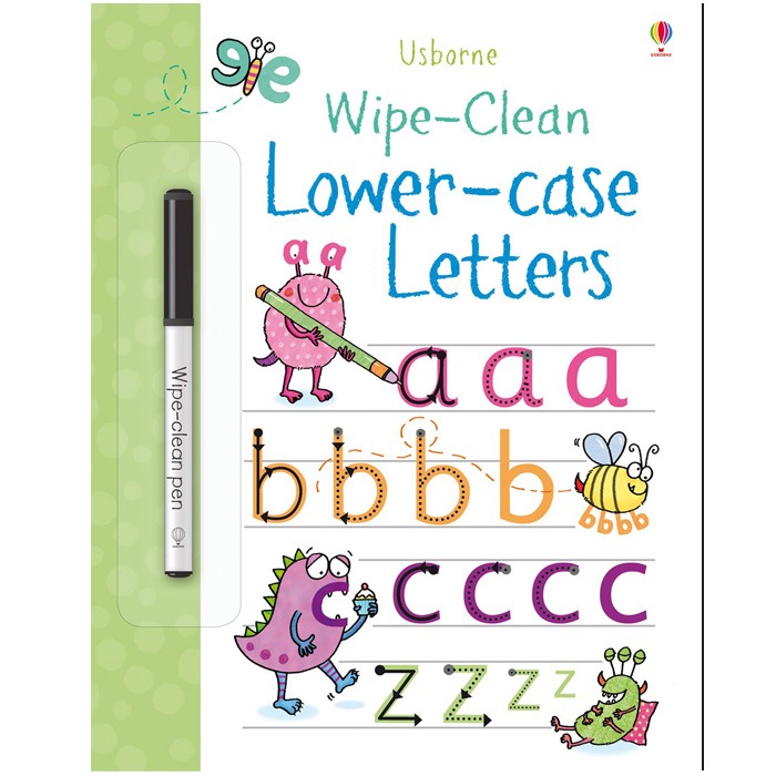 Lowercase letter writing activity book with 22 wipe clean pages and dry erase pen