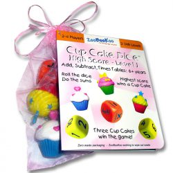 Children's cup cake dice maths game with 3 chunky dice and 3 colourful cakes