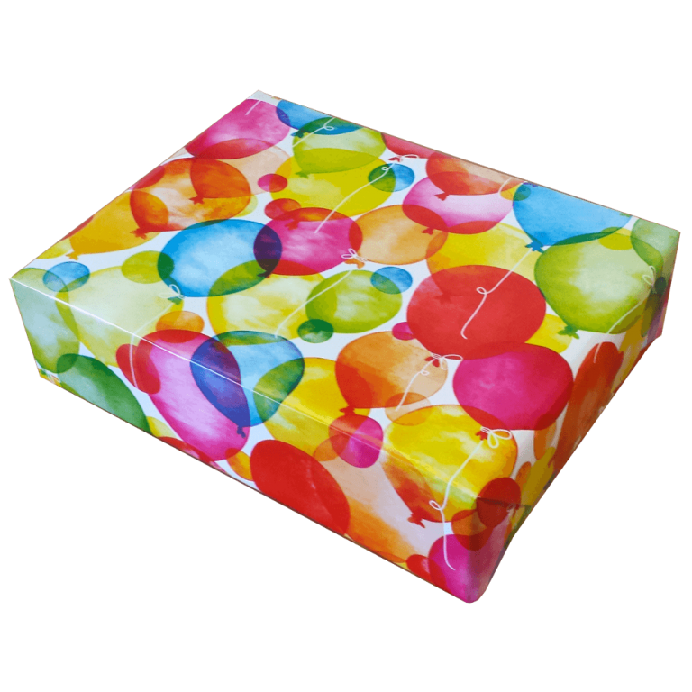 a box wrapped in balloons gift paper