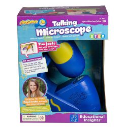 Listen to Bindi Irwin's voice as she tells you science facts as you look through the fixed magnification microscope lenses