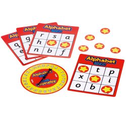 Letter side of 4 bingo cards, spinner and star pieces from the Learning resources Alphabet Bingo UK Version