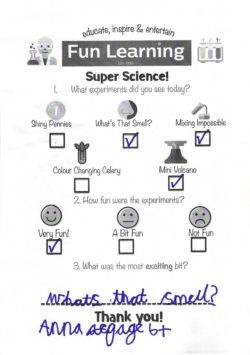 Super Science Survey completed by one of our visiting our Tiny Testers