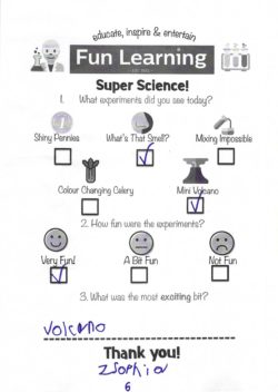 Super Science Survey completed by one of our visiting our Tiny Testers