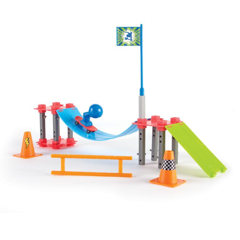 A skatepark built from the Learning Resources Skate Park Engineering Design Building Set