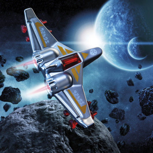 Spaceship escaping asteroids from then SmartGames Asteroid Escape game