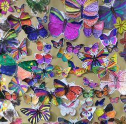 Lot's of paper butterflies coloured in with bright felt tip pens by children, arranged on a brown background