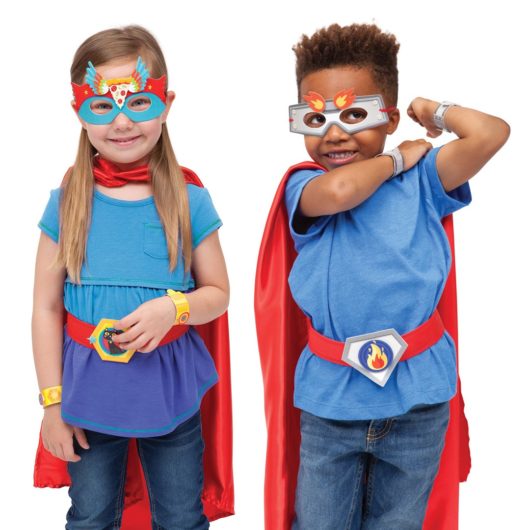 Two children wearing two examples of the customised super hero mask, belt and cuffs.