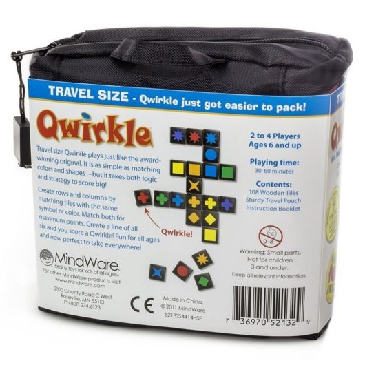 Back of the packaging and bag for Qwirkle Travel Game