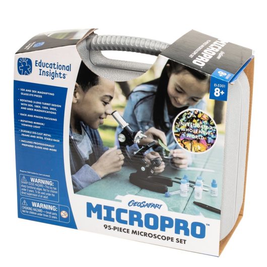 With sturdy carrying case this microscope can get out into the field to explore science and nature with kids!