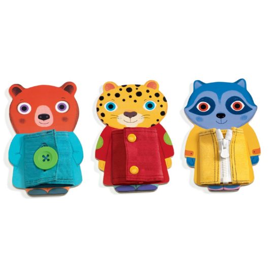 These three cute animals can be unbuttoned and unzipped for little hands to practice